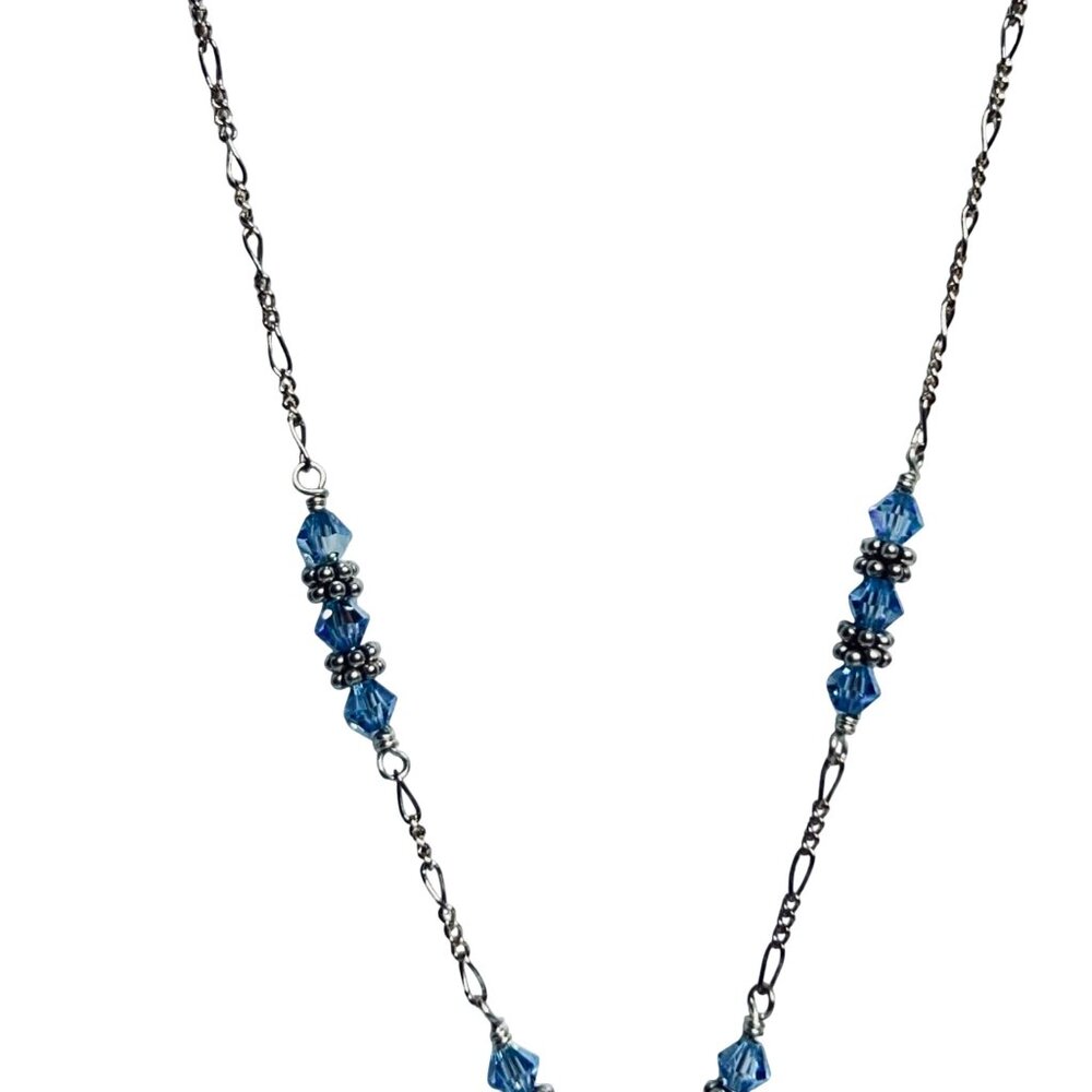 Sterling Silver Figaro Chain Necklace W/Blue Crystal Beads & Heart Pendant (5820 - Picture 3 of 6